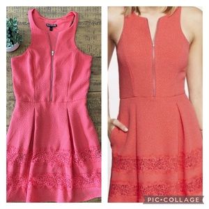 Express Zip FrontLace Skater Dress with Pockets - Coral - Size 0